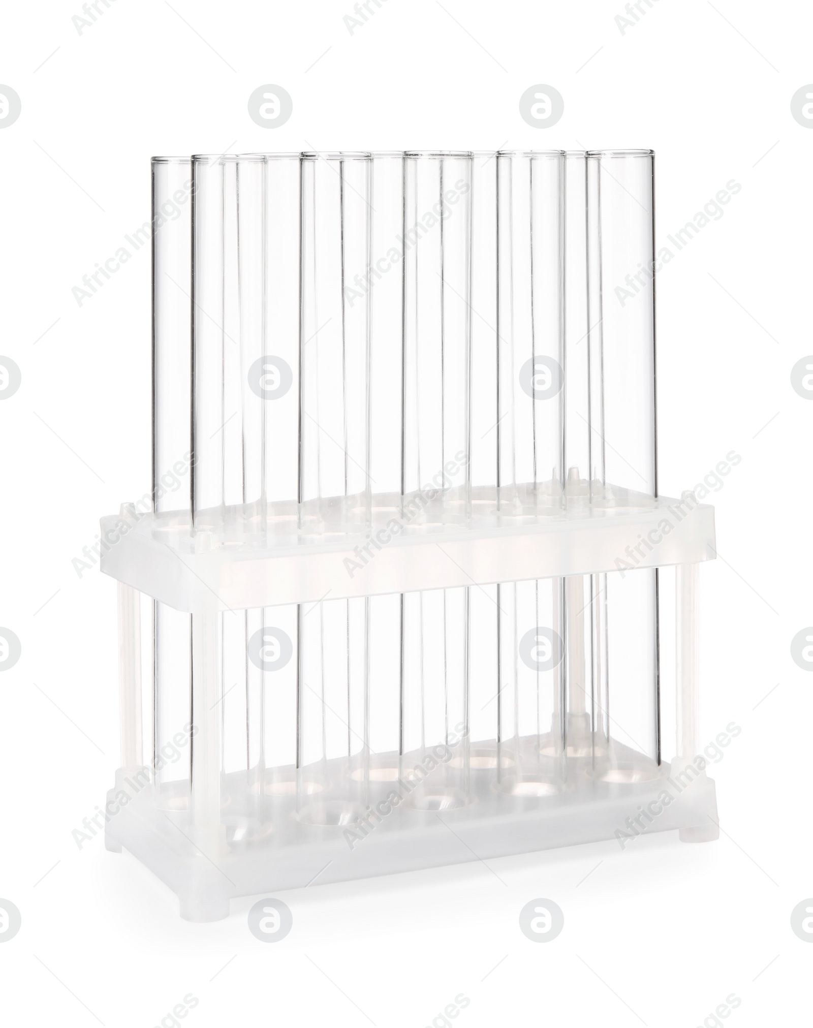 Photo of Stand with empty test tubes isolated on white
