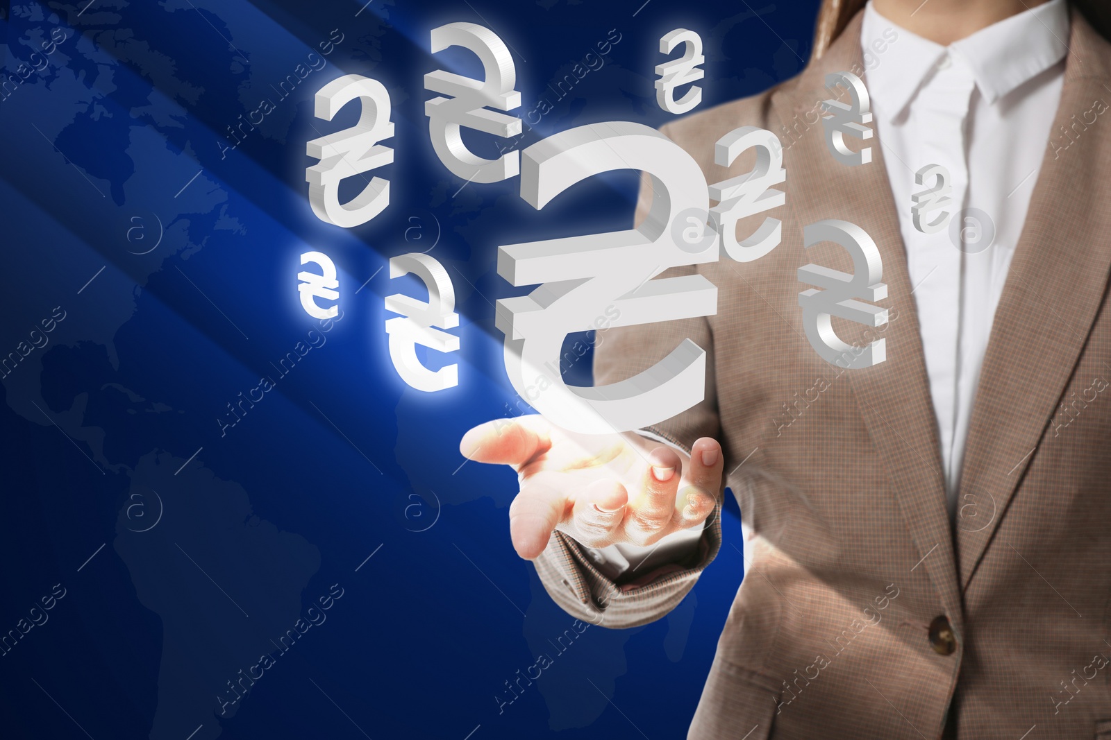 Image of Money exchange concept. Businesswoman with Ukrainian hryvnia currency symbols and world map on blue background, closeup