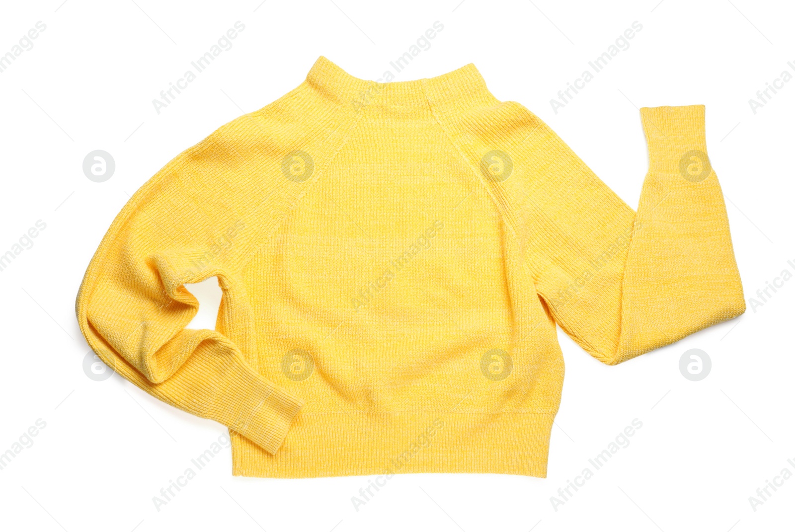 Photo of Yellow woolen sweater isolated on white, top view