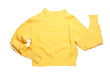 Yellow woolen sweater isolated on white, top view