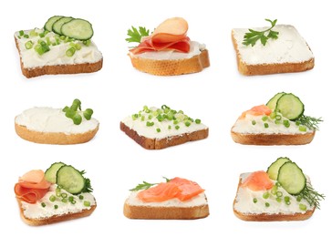 Bread with cream cheese and toppings on white background, collage 