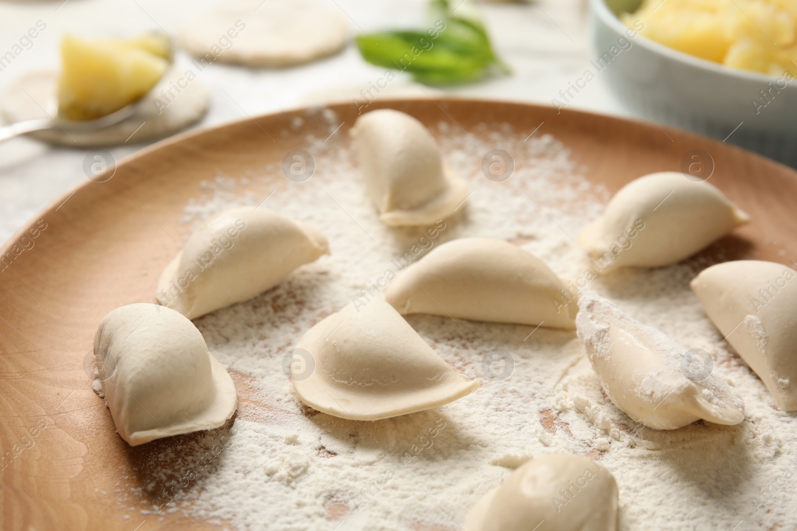 Photo of Plate with raw dumplings on table, closeup. Home cooking