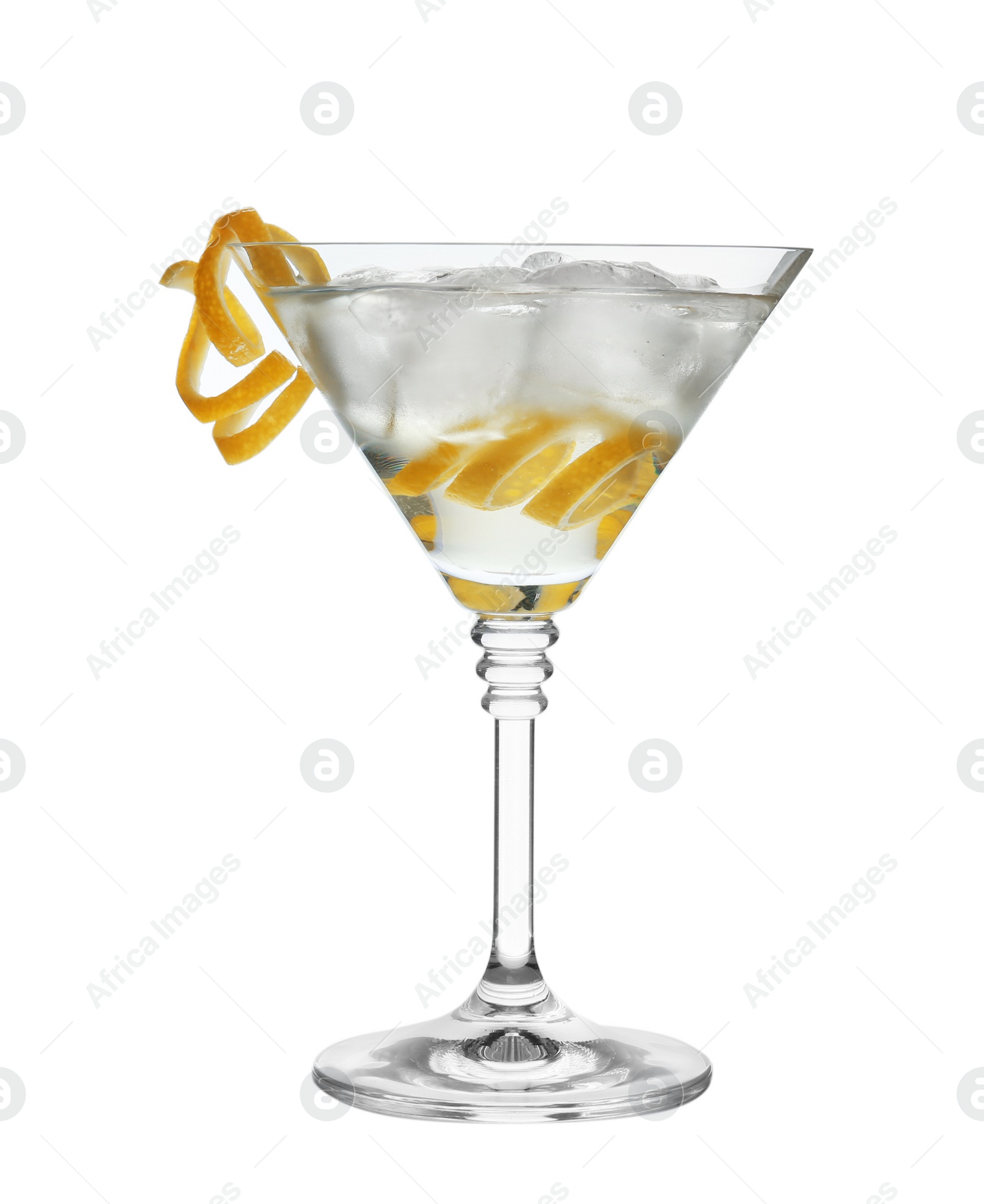 Photo of Glass of classic martini cocktail with ice cubes and lemon zest on white background