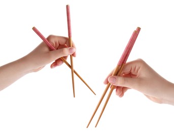 Image of Woman holding chopsticks isolated on white, closeup. Collage with photos