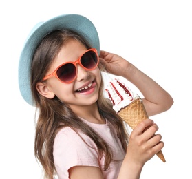 Photo of Cute little girl with delicious ice cream on white background