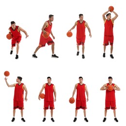Image of Professional sportsman playing basketball on white background, collage