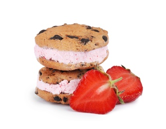 Photo of Sweet delicious ice cream cookie sandwiches and strawberry on white background