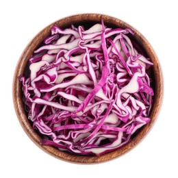 Photo of Bowl with shredded fresh red cabbage isolated on white, top view