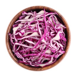 Bowl with shredded fresh red cabbage isolated on white, top view