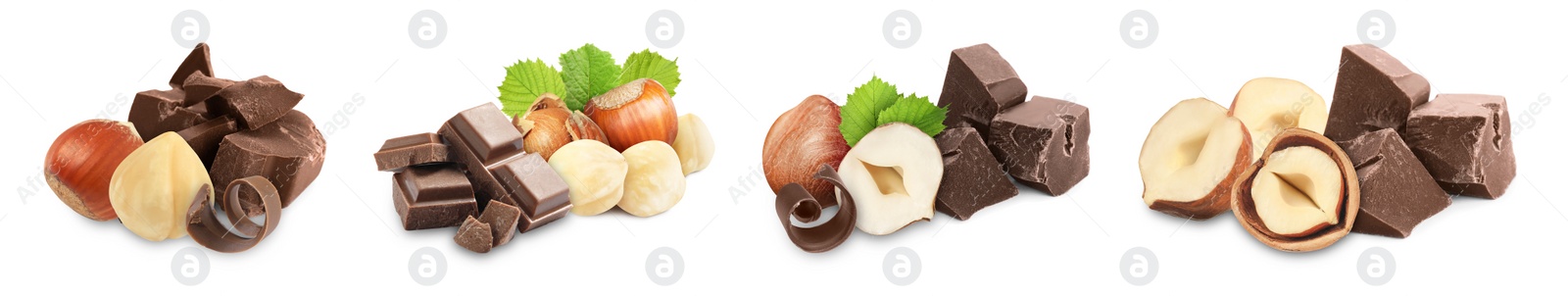 Image of Chocolate and hazelnuts isolated on white, set