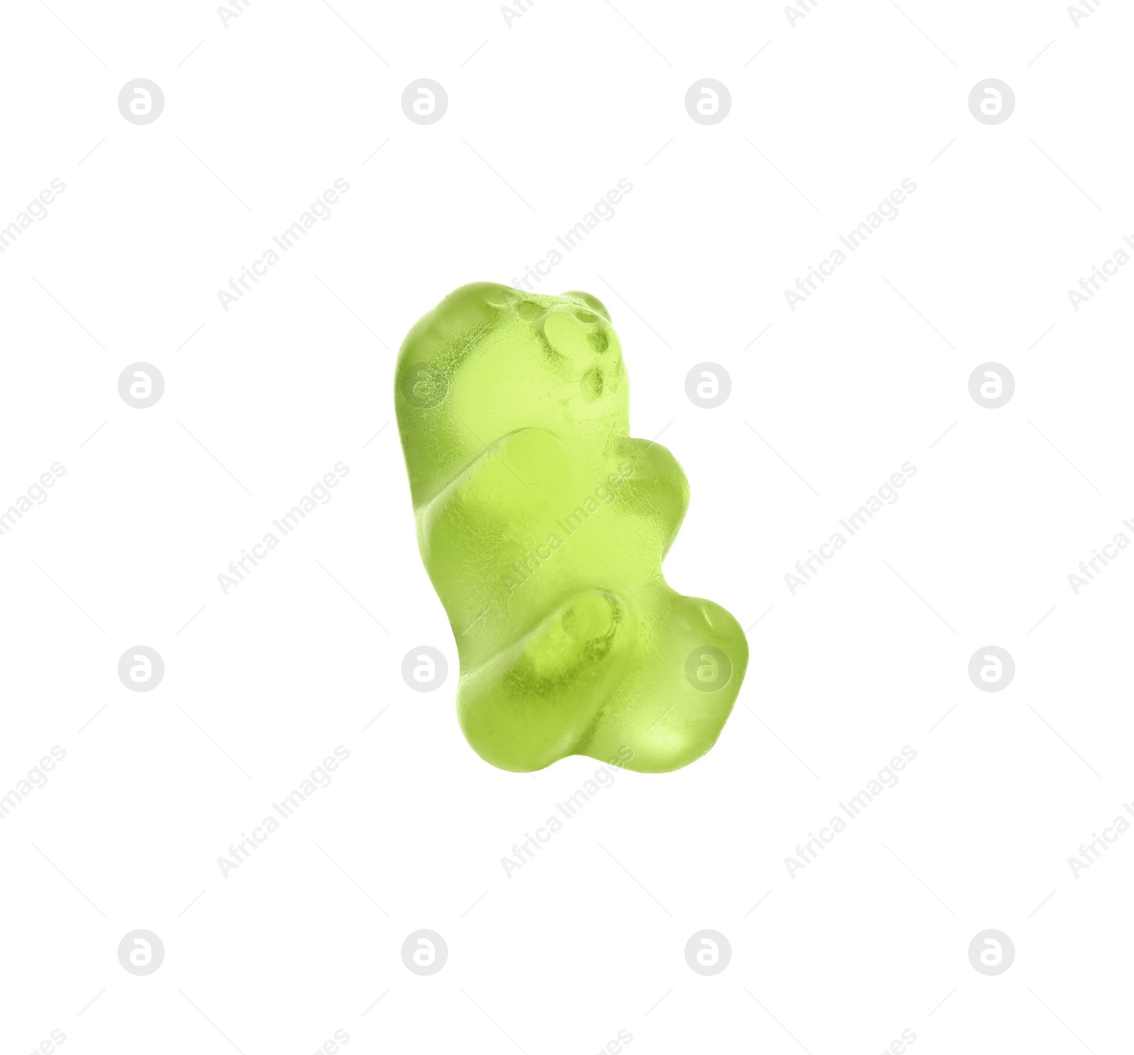 Photo of Delicious green jelly bear on white background