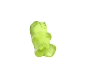 Photo of Delicious green jelly bear on white background