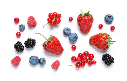 Photo of Mix of fresh berries on white background, flat lay