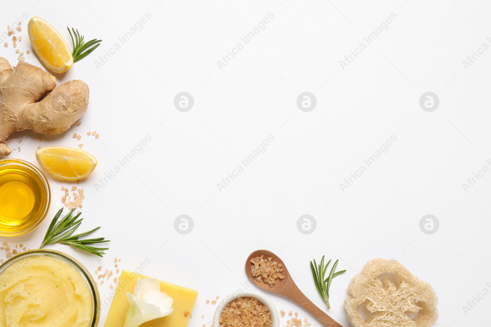 Photo of Composition with body scrub on white background, top view