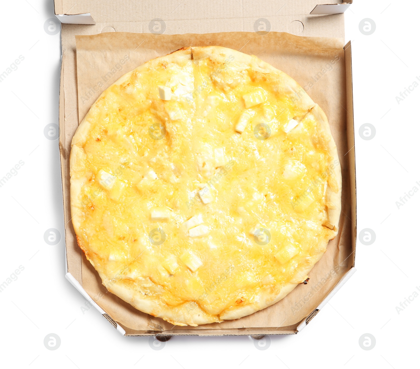 Photo of Tasty pizza in cardboard box on white background. Food delivery service