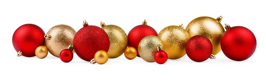 Photo of Beautiful golden and red Christmas balls isolated on white