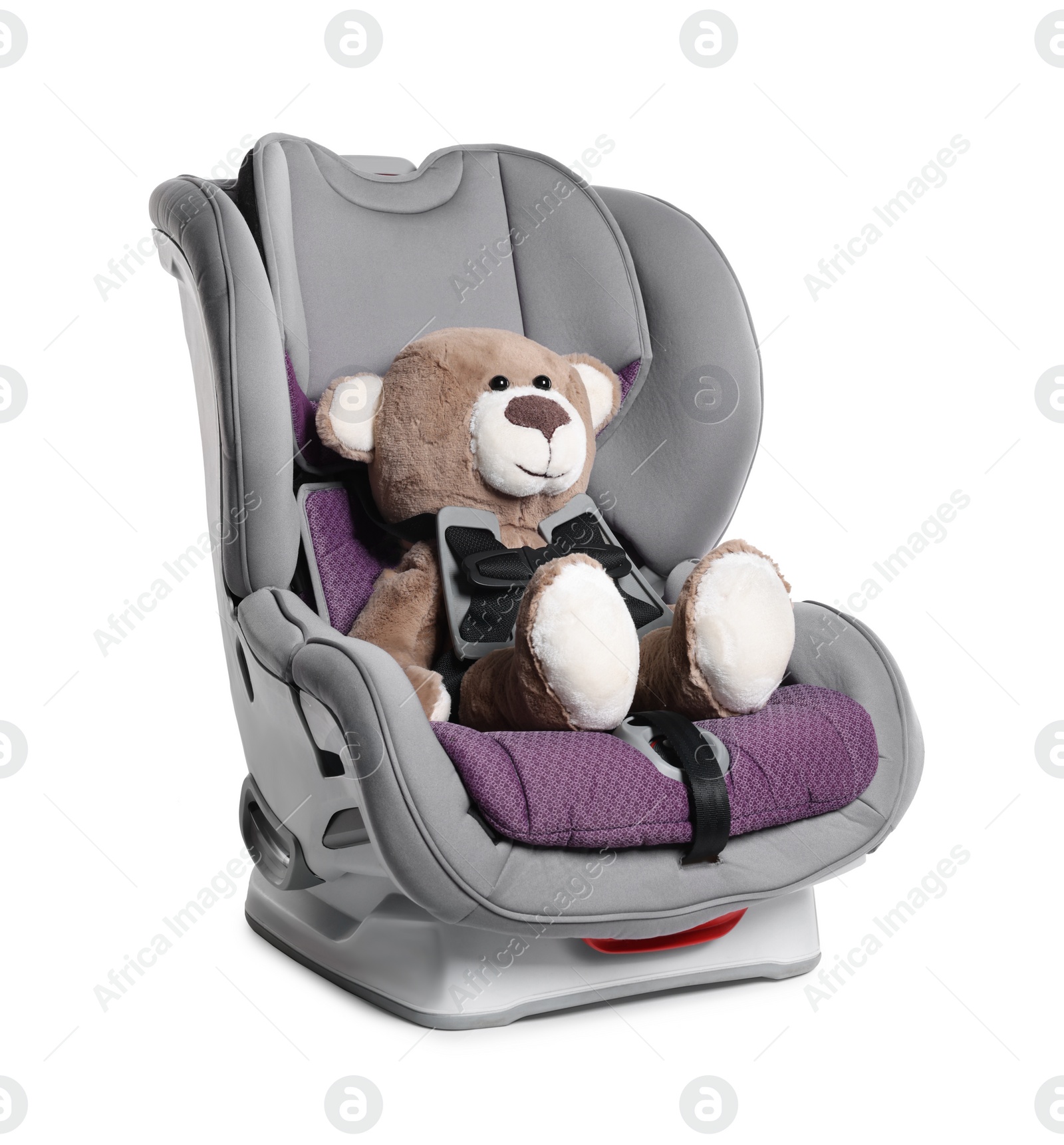 Photo of Teddy bear in child safety car seat on white background