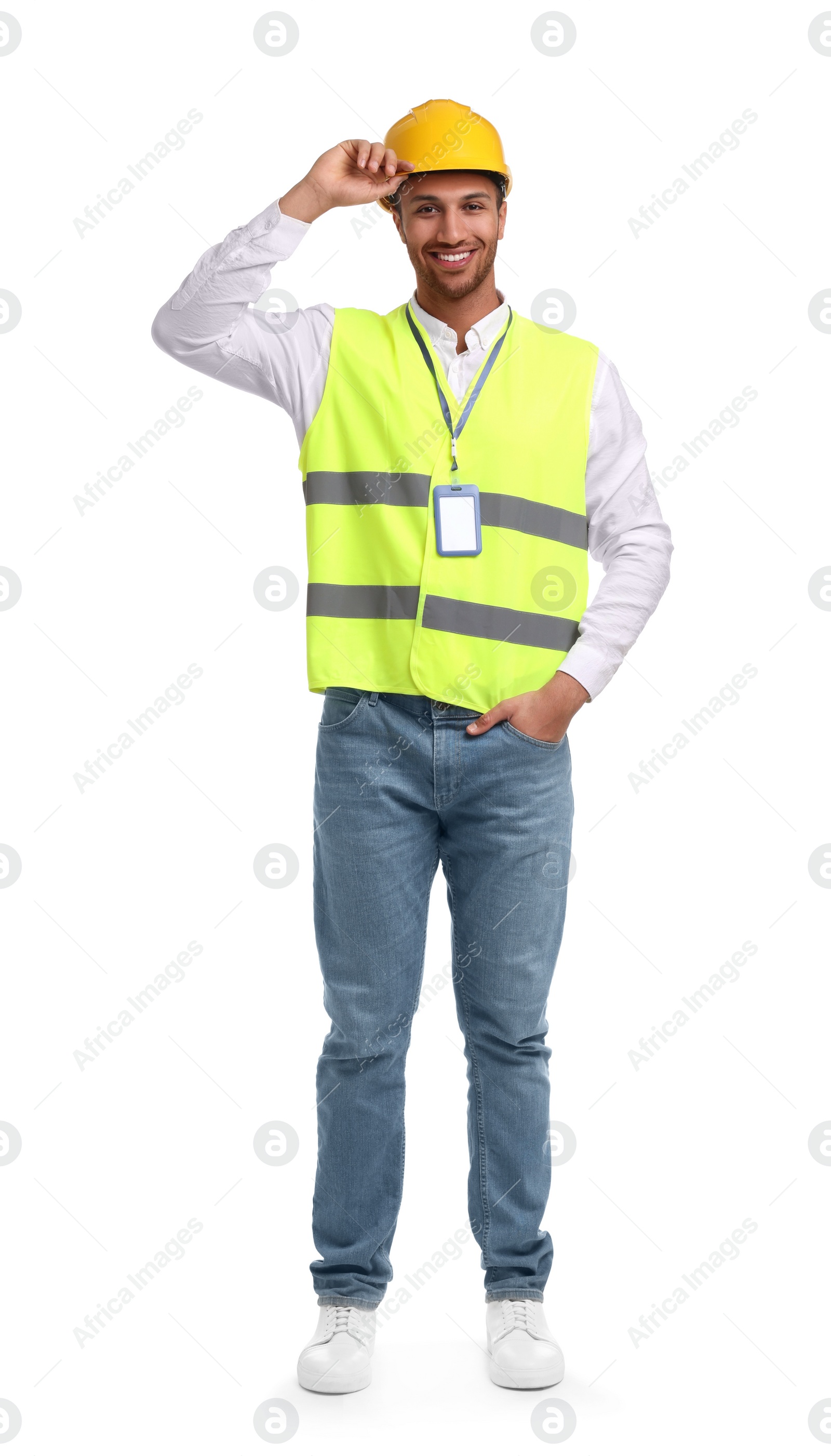 Photo of Engineer with hard hat and badge on white background