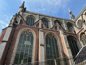 Leiden, Netherlands - August 28, 2022; Beautiful Hooglandse Kerk, low angle view