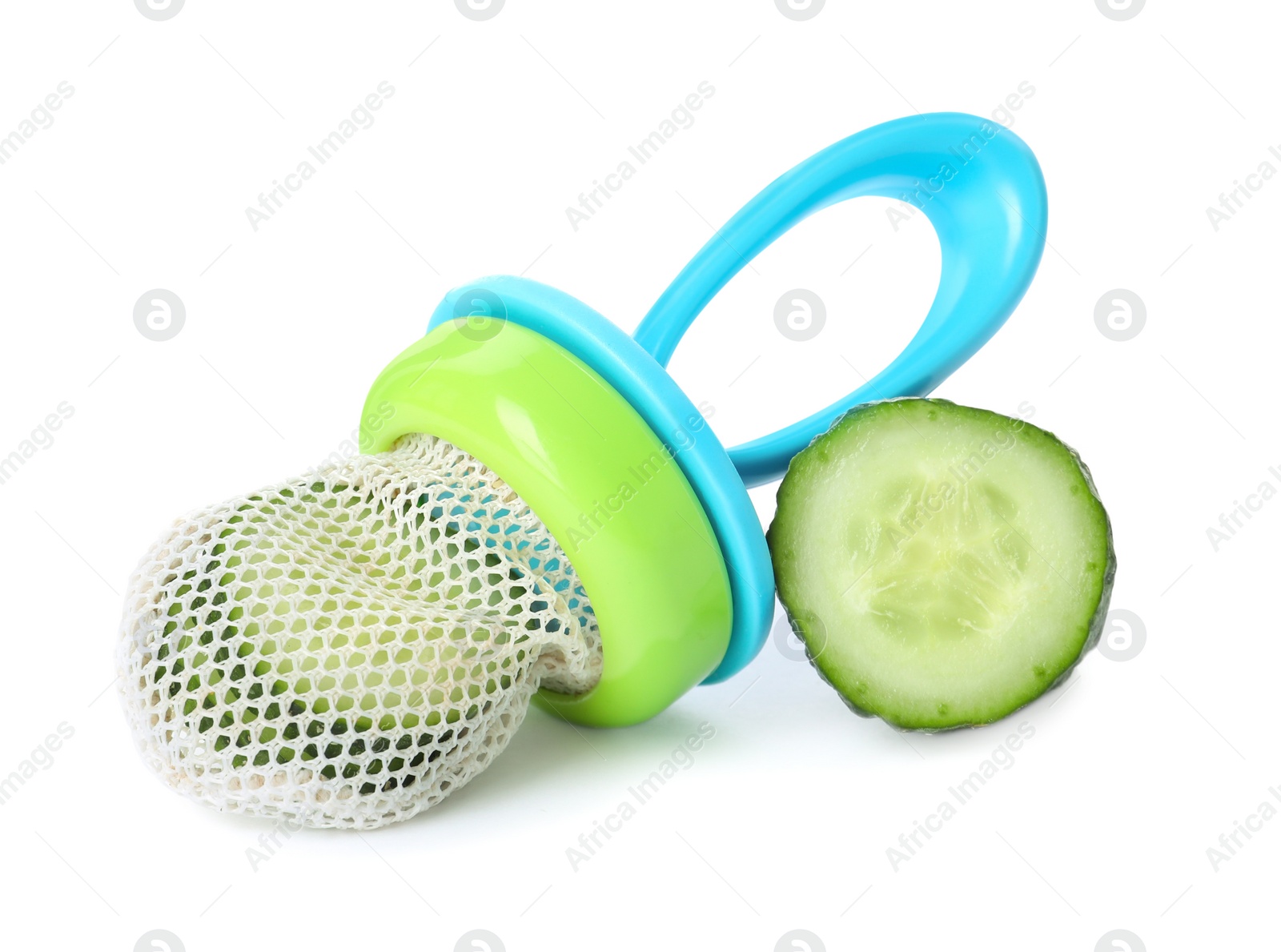 Photo of Nibbler with fresh cucumber on white background. Baby feeder