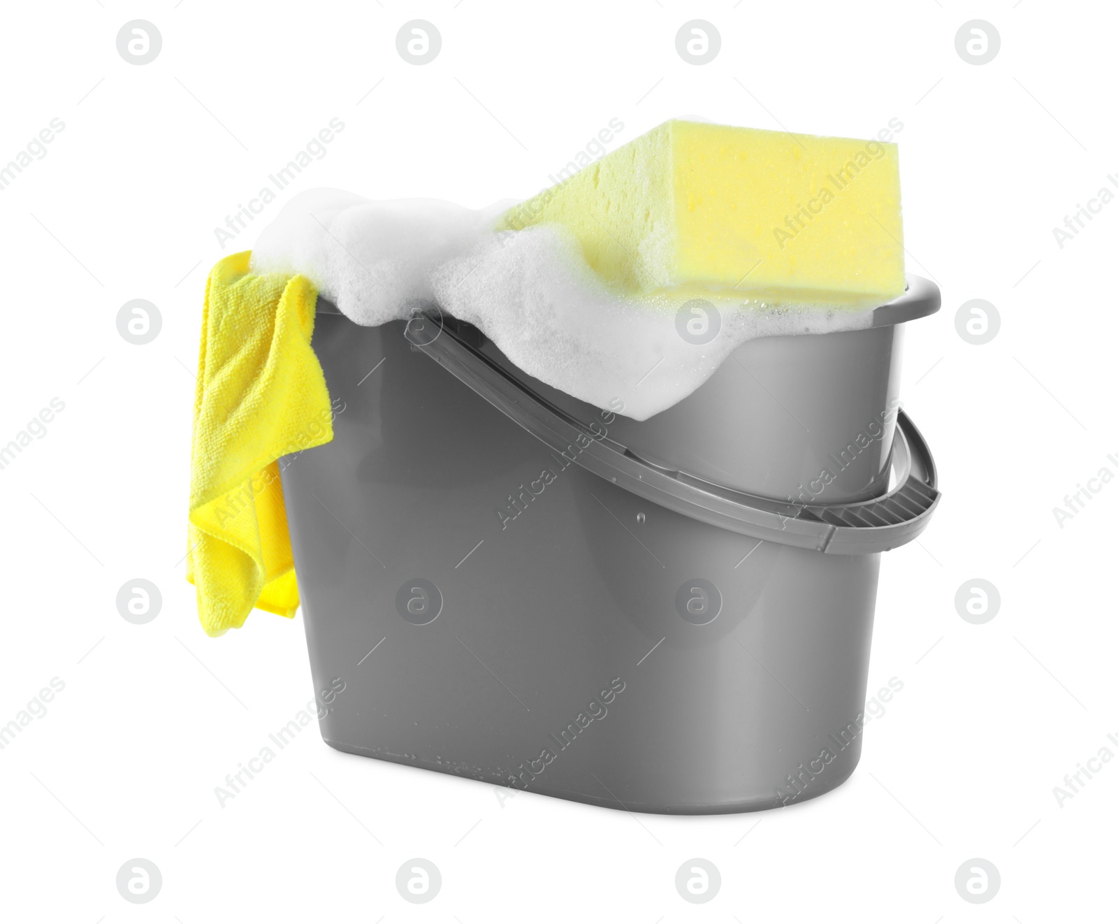 Photo of Plastic bucket with foam and sponge on white background. Cleaning supplies