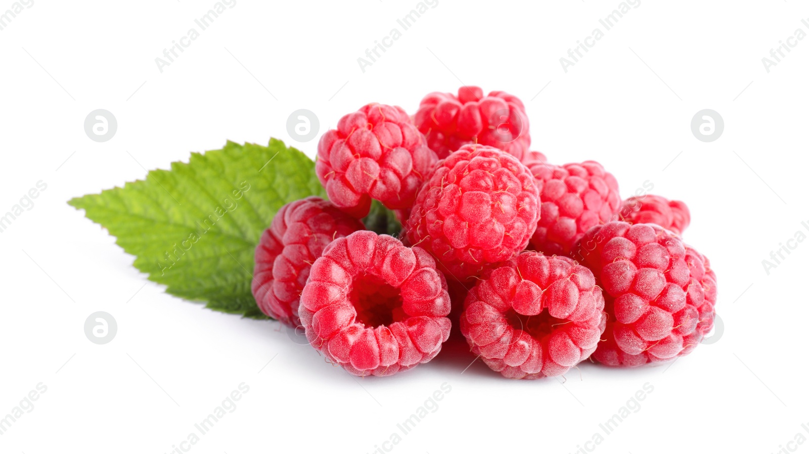 Photo of Fresh ripe raspberries with green leaf on white background