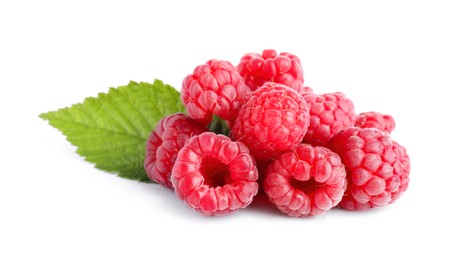 Photo of Fresh ripe raspberries with green leaf on white background
