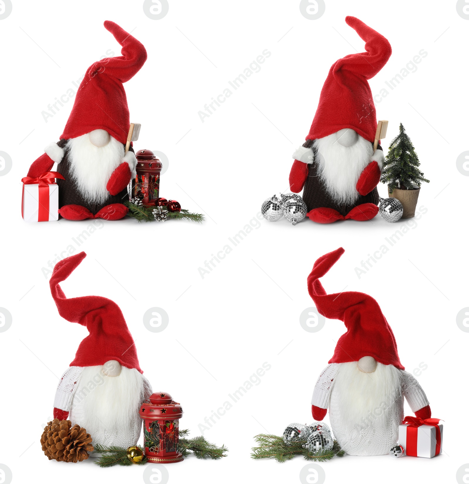 Image of Set with funny Christmas gnomes and festive decor on white background