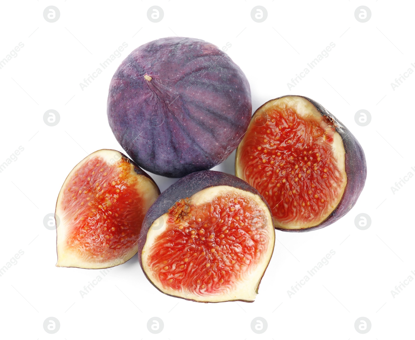 Photo of Tasty fresh fig fruits on white background, top view