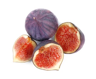 Photo of Tasty fresh fig fruits on white background, top view