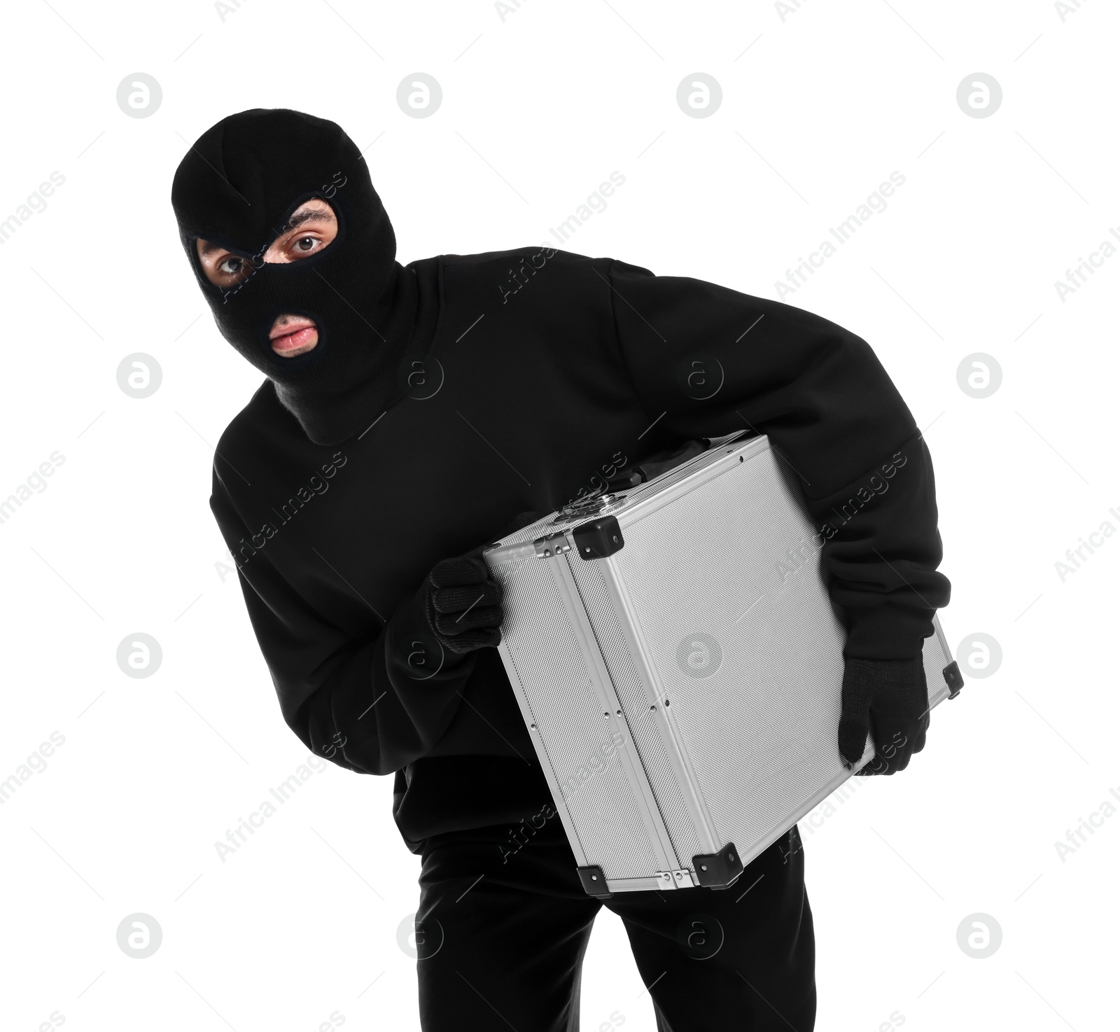 Photo of Thief in balaclava with briefcase of money on white background