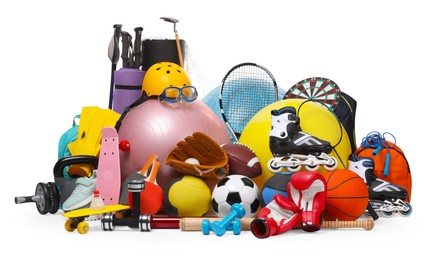 Many different sports equipment isolated on white