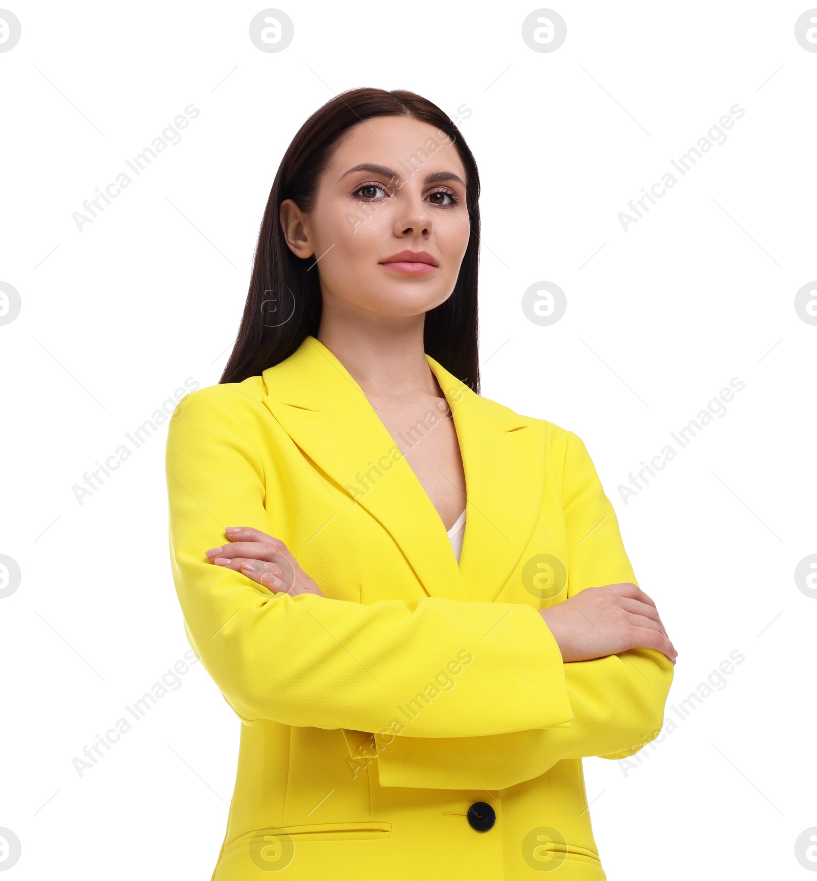 Photo of Beautiful businesswoman in yellow suit on white background