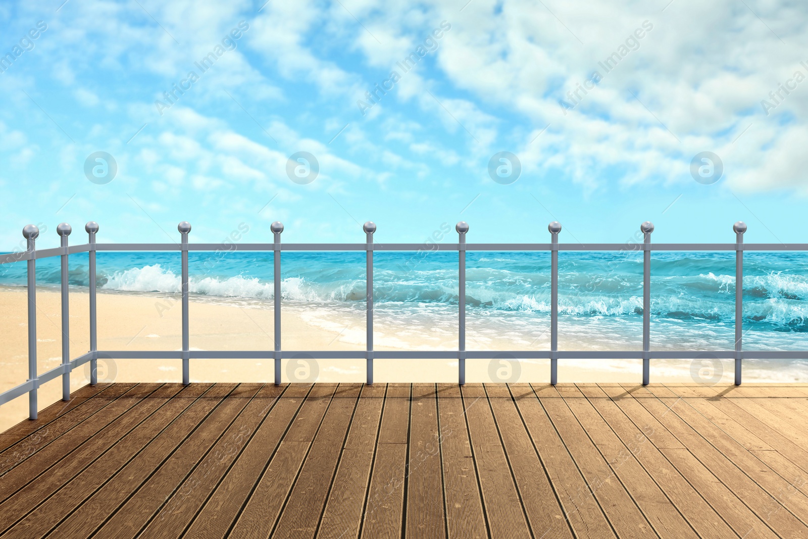 Image of Outdoor wooden terrace revealing picturesque view on ocean shore