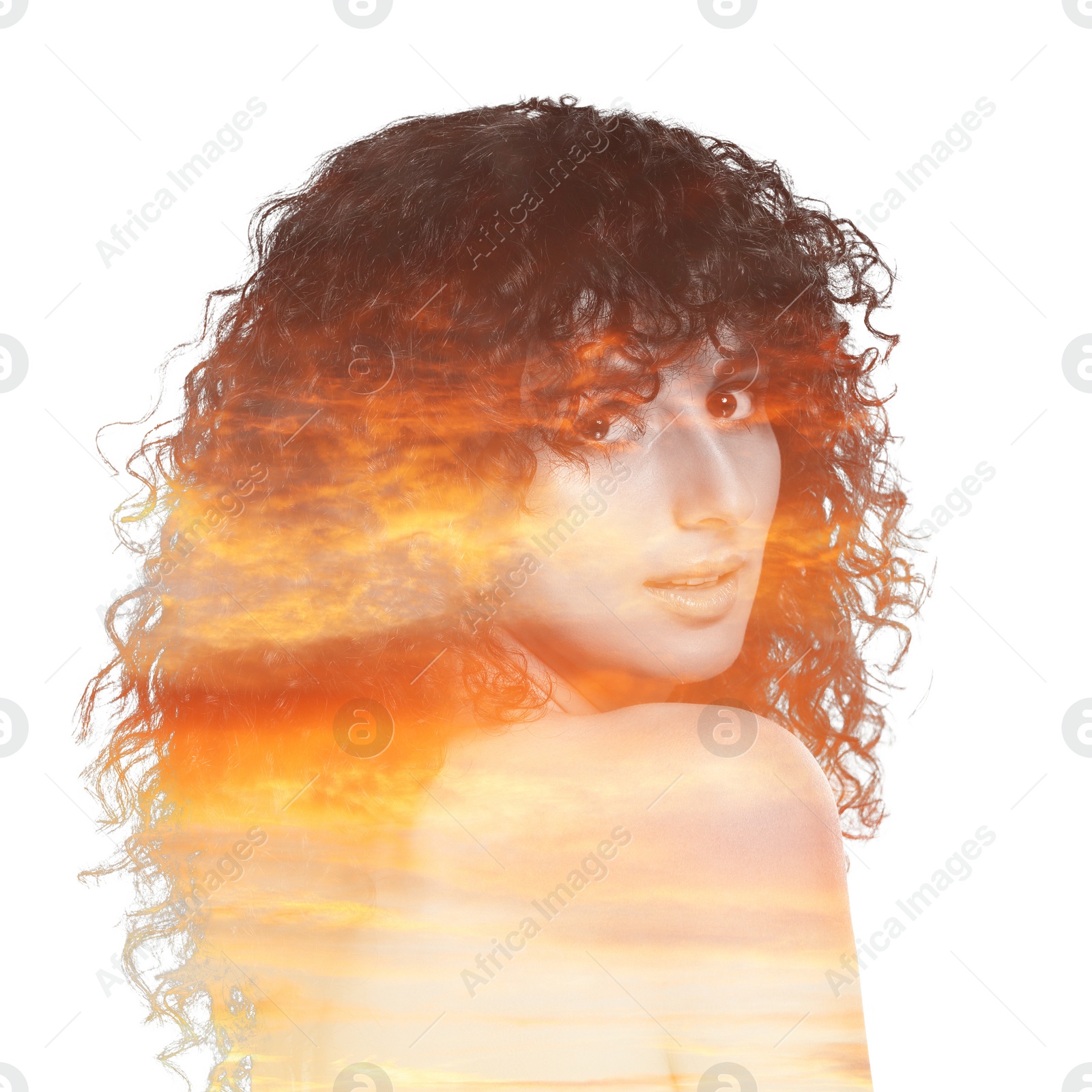 Image of Beautiful woman and sunset sky on white background, double exposure