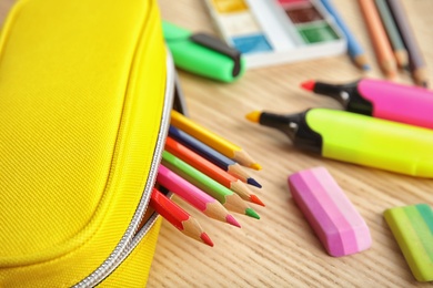 Different stationery on wooden table. Back to school