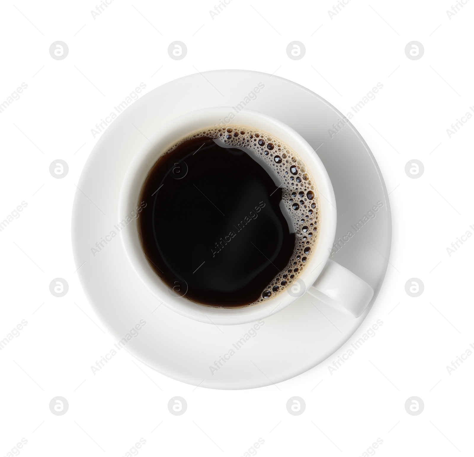 Photo of Aromatic coffee in cup isolated on white, top view