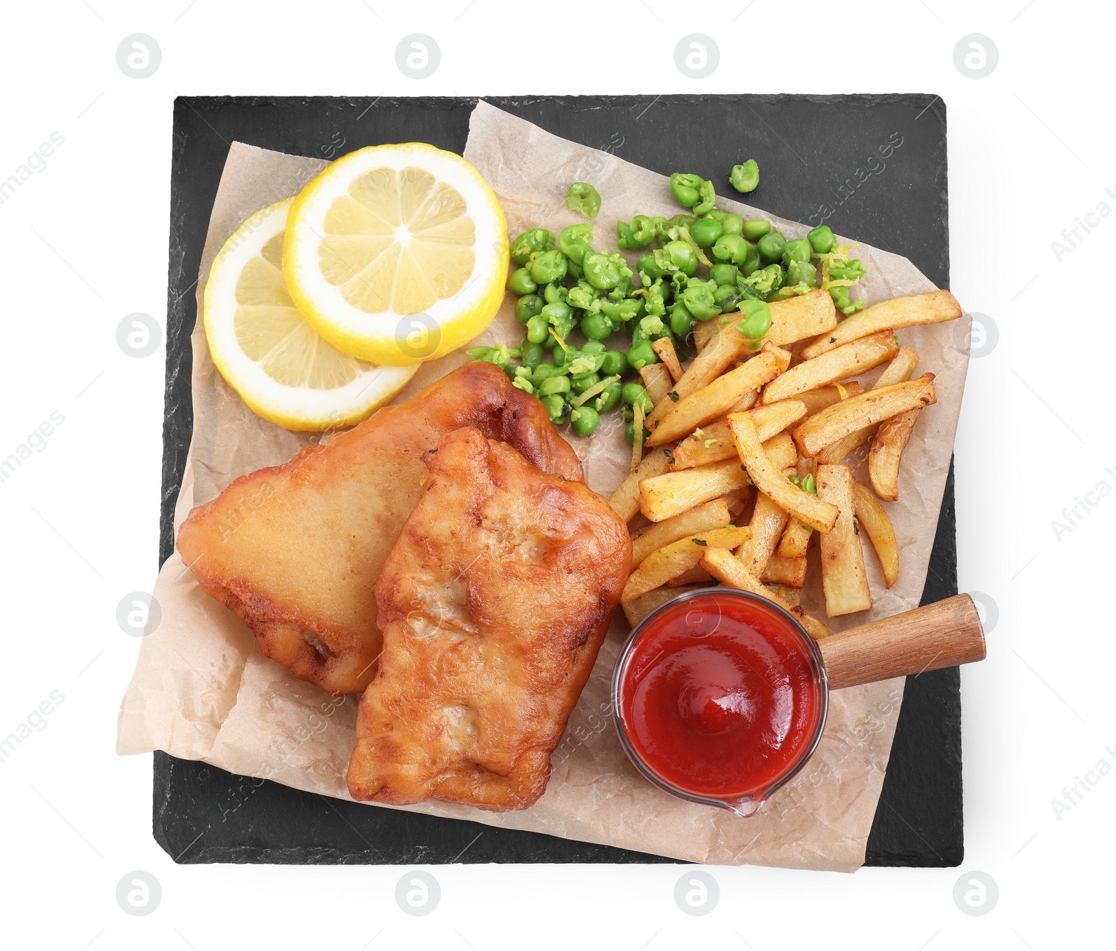 Photo of Tasty fish, chips, sauce and peas isolated on white, top view