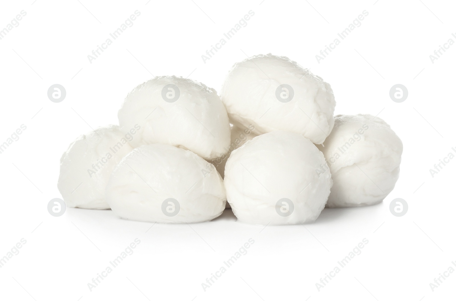 Photo of Delicious mozzarella cheese balls on white background