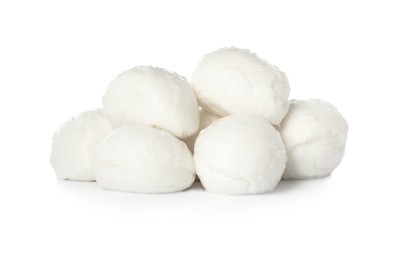 Photo of Delicious mozzarella cheese balls on white background