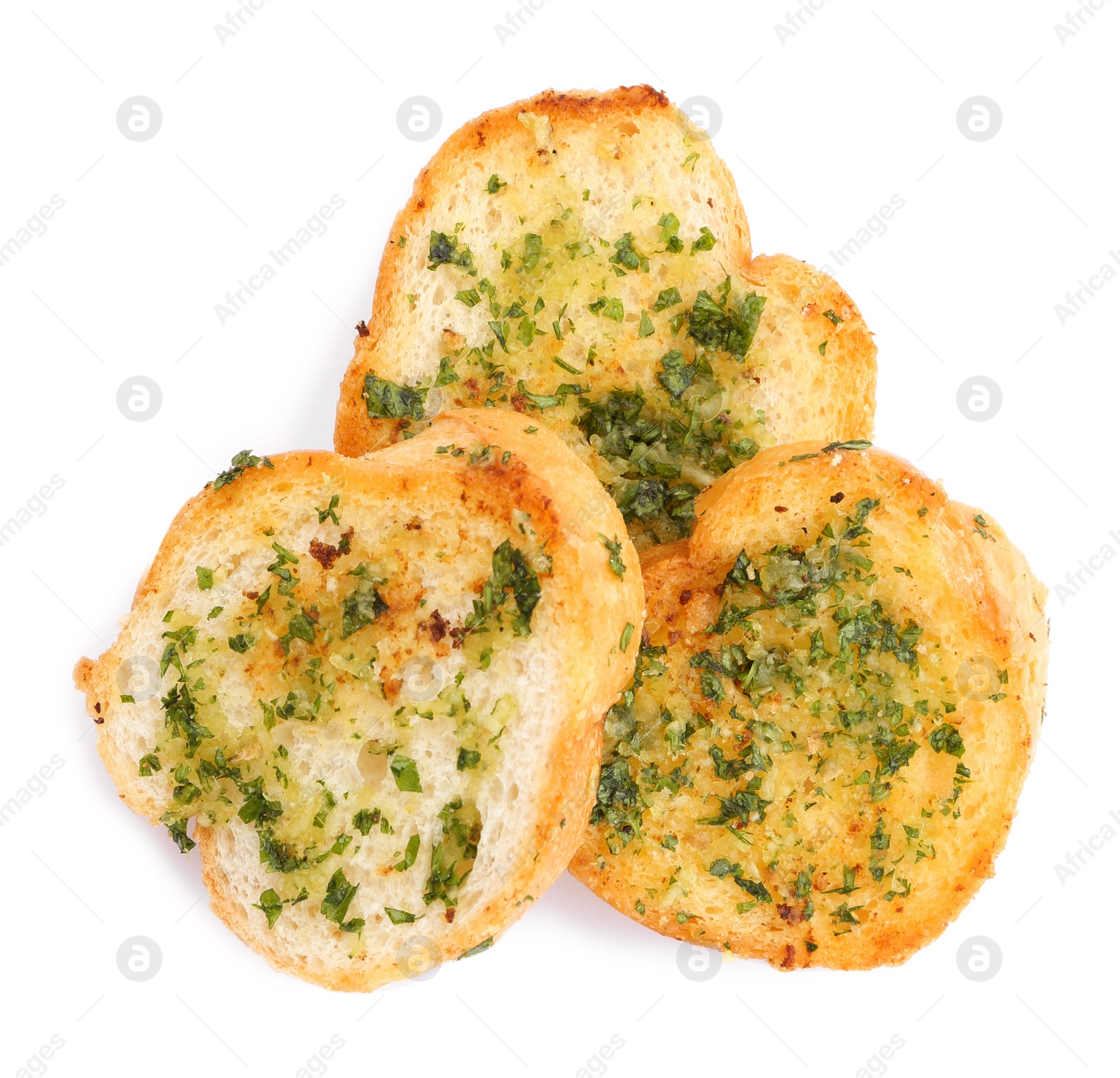 Photo of Slices of toasted bread with garlic, cheese and herbs on white background, top view