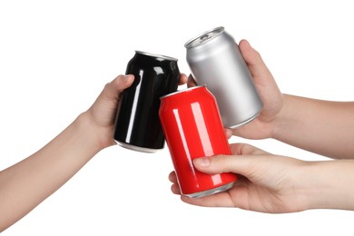 Photo of Friends clinking different cans on white background, closeup