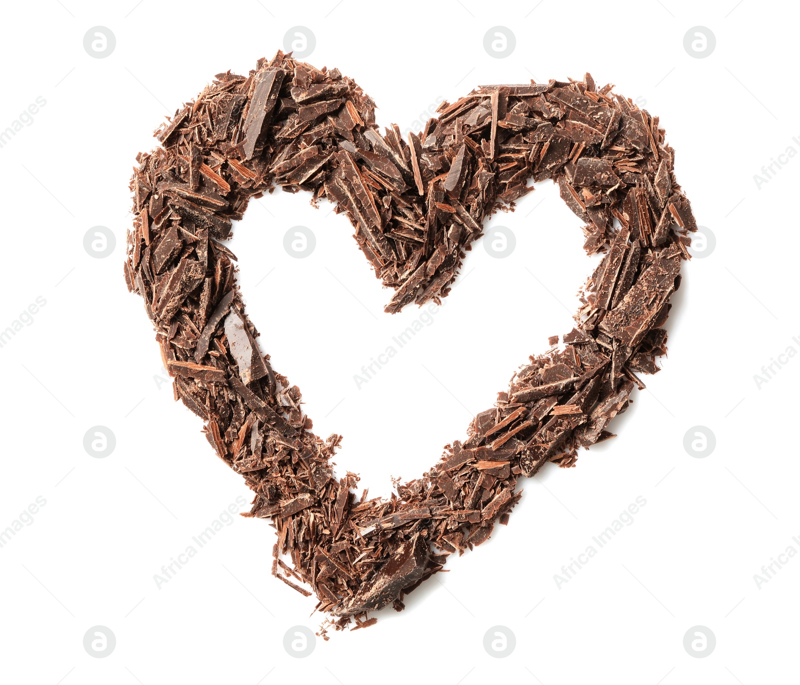 Photo of Heart made with dark chocolate crumbles on white background, top view