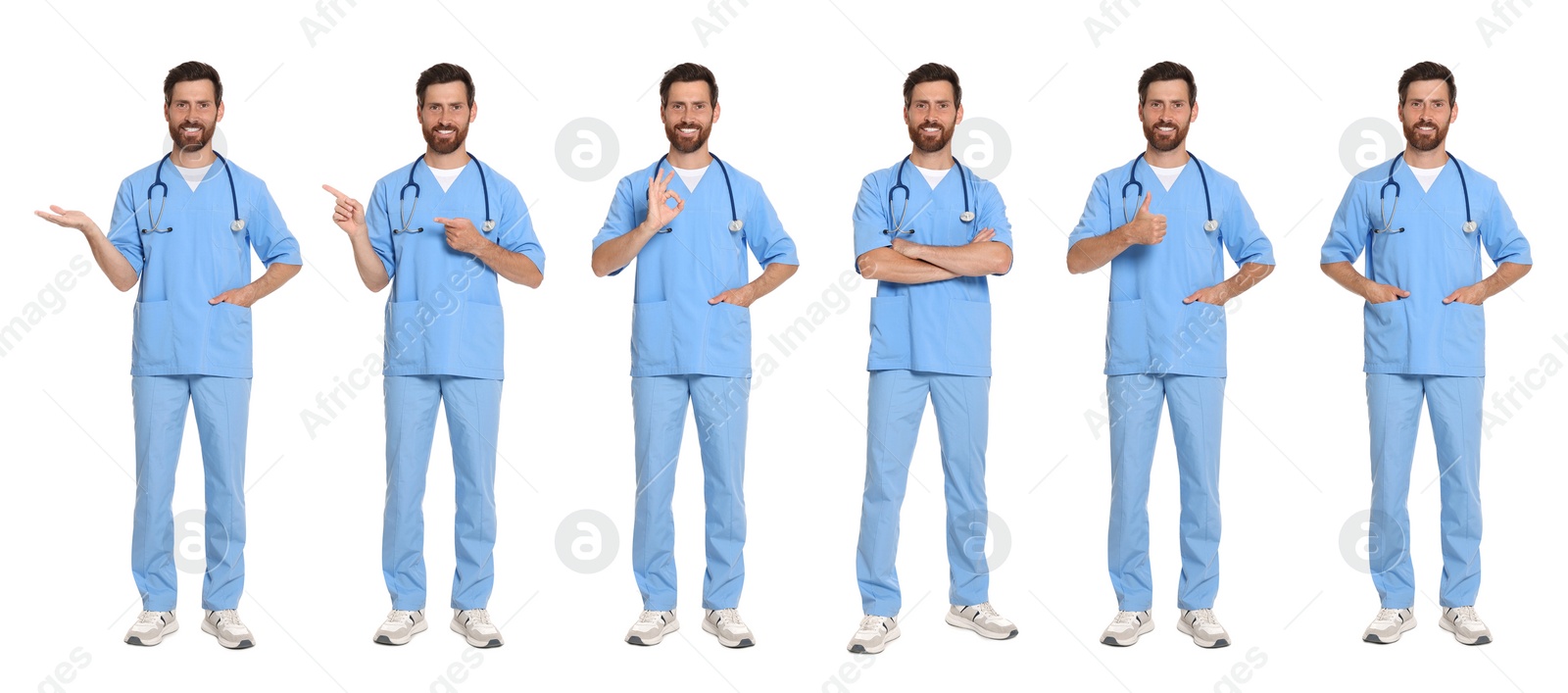 Image of Collage with photos of doctor on white background. Banner design