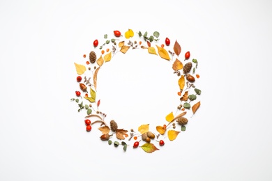 Flat lay composition with autumn leaves and space for text on white background