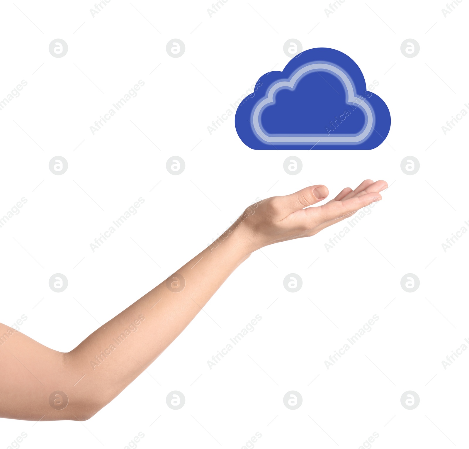 Image of Woman holding virtual cloud icon on white background, closeup of hand. Data storage concept
