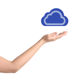 Image of Woman holding virtual cloud icon on white background, closeup of hand. Data storage concept
