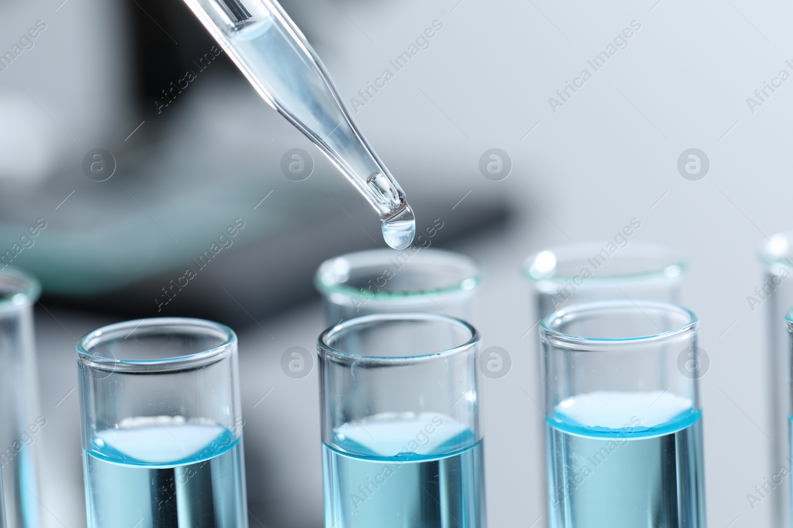 Photo of Dripping liquid from pipette into test tube on blurred background, closeup