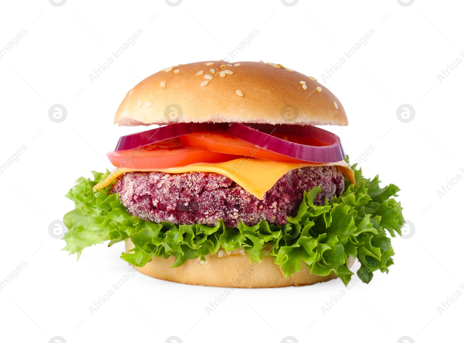 Photo of Tasty vegetarian burger with beet patty isolated on white