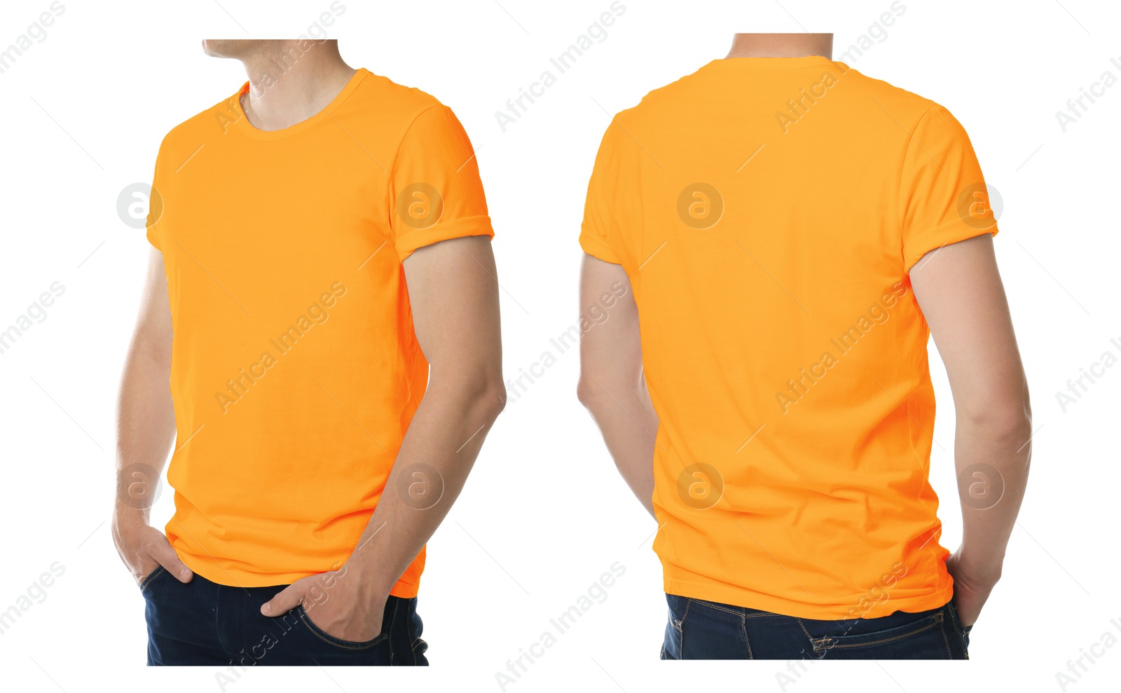 Image of Man wearing orange t-shirt on white background, back and front view. Mockup for design